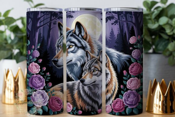 Moonlit Wolves Floral Tumbler Wraps and Graphics