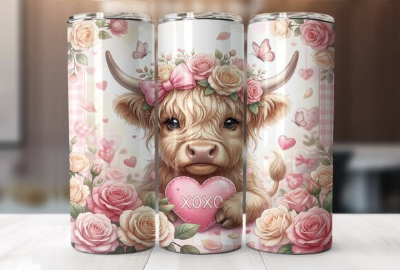 Pink Floral Cow Valentine Tumbler Wrap Graphics
