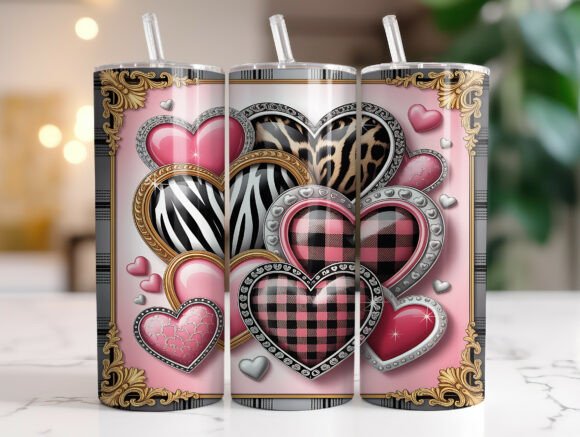 Pink Leopard Plaid Heart Tumbler Wrap Graphics