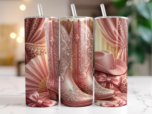 Pink Western Cowgirl Boots Tumbler Wrap Graphics