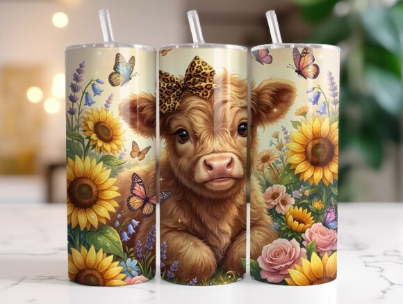 Sunflower Highland Cow 20oz Tumbler Wrap Graphics