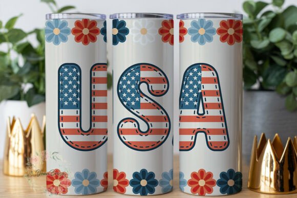 USA Flag Letters Daisy 20oz Tumbler Wrap Graphics