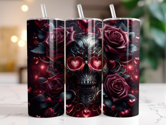 Valentines Skull Rose Heart Tumbler Wrap Graphics